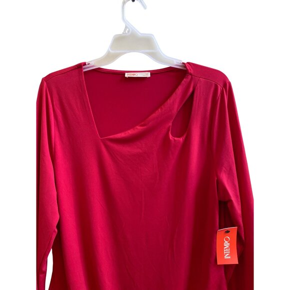 Red Long-Sleeve Bodysuit With Asymmetric Neckline & Snap Closure - Intempo 1X - Picture 2 of 6